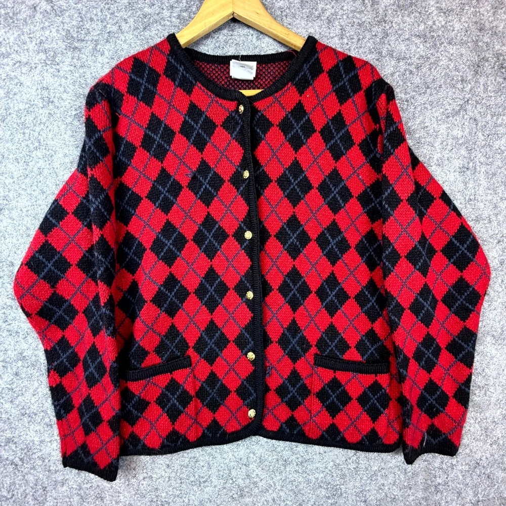 Vintage Liz Baker Cardigan Sweater Womens Med Red‎ Black Old Money Grandma Chic